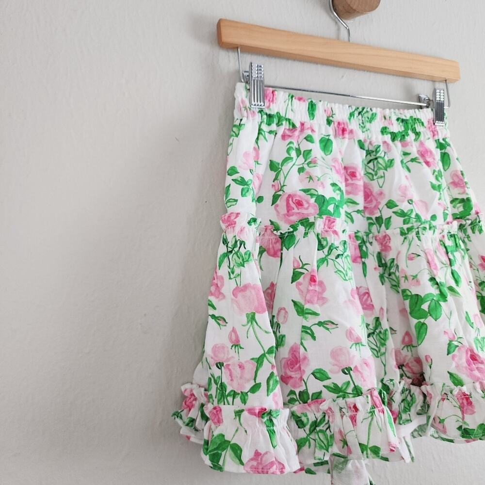 Hill House The Paz Skirt Pink Roses Floral Linen Ruffle Mini Skirt NWT Small S - Picture 5 of 10
